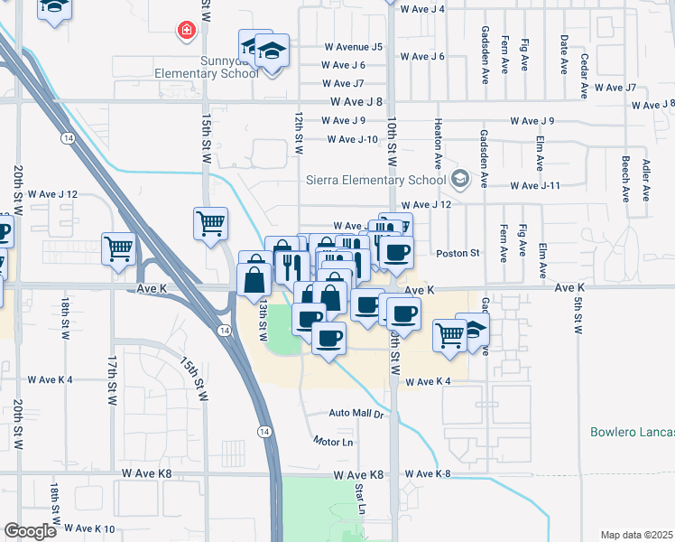 map of restaurants, bars, coffee shops, grocery stores, and more near 1108 West Avenue J15 in Lancaster