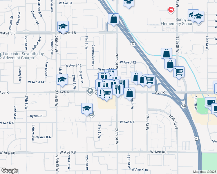 map of restaurants, bars, coffee shops, grocery stores, and more near 2007 West Avenue K in Lancaster