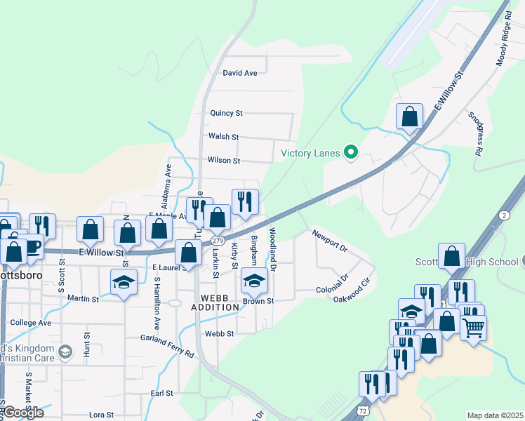 map of restaurants, bars, coffee shops, grocery stores, and more near 1301-1399 E Willow St in Scottsboro