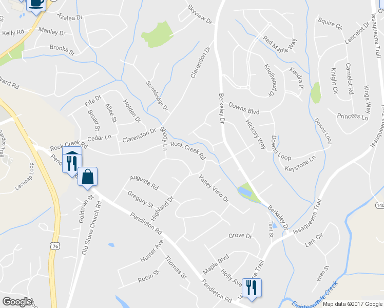 map of restaurants, bars, coffee shops, grocery stores, and more near 410 Rock Creek Road in Clemson