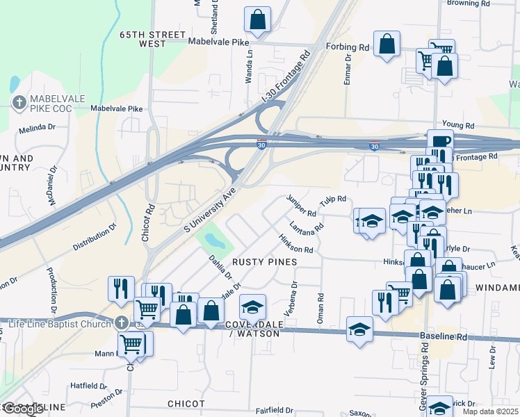 map of restaurants, bars, coffee shops, grocery stores, and more near 6912 Juniper Road in Little Rock