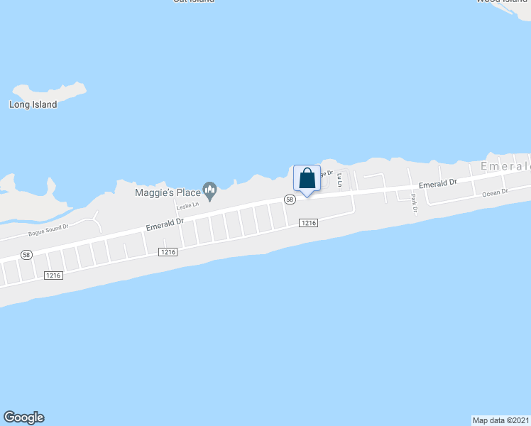 map of restaurants, bars, coffee shops, grocery stores, and more near 107 Gregg Street in Emerald Isle