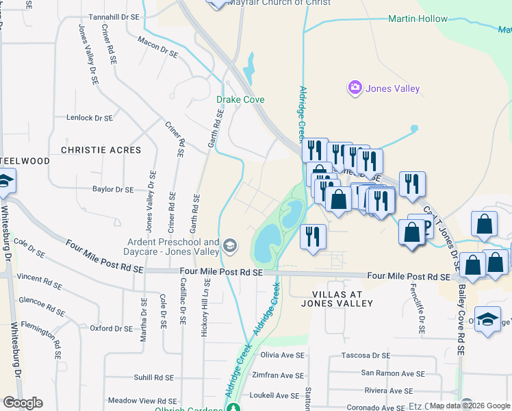 map of restaurants, bars, coffee shops, grocery stores, and more near 102 Lendon Main Southeast in Huntsville