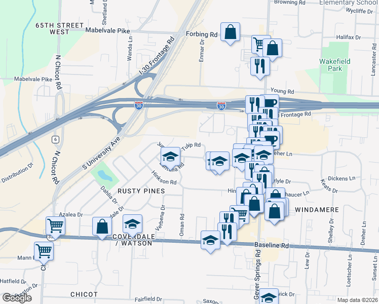 map of restaurants, bars, coffee shops, grocery stores, and more near 6512 Juniper Road in Little Rock