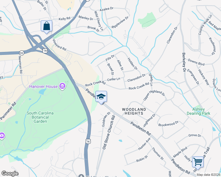 map of restaurants, bars, coffee shops, grocery stores, and more near 260 Rock Creek Road in Clemson