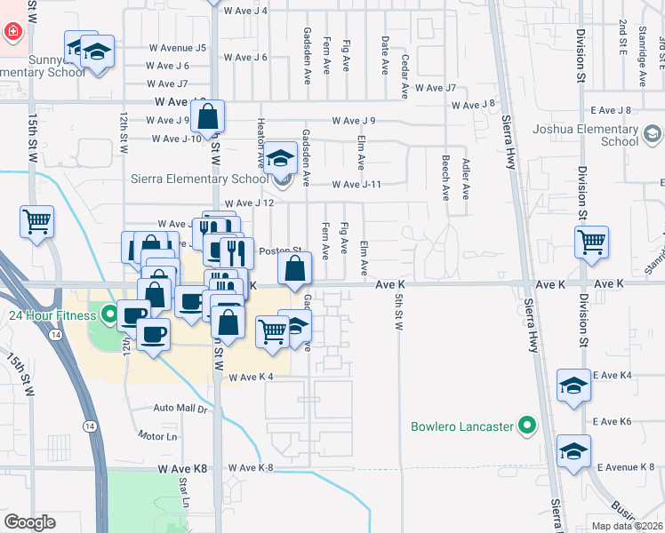 map of restaurants, bars, coffee shops, grocery stores, and more near 43611 Fern Avenue in Lancaster