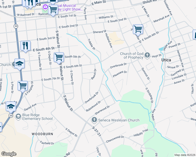 map of restaurants, bars, coffee shops, grocery stores, and more near 707 Overbrook Dr in Seneca