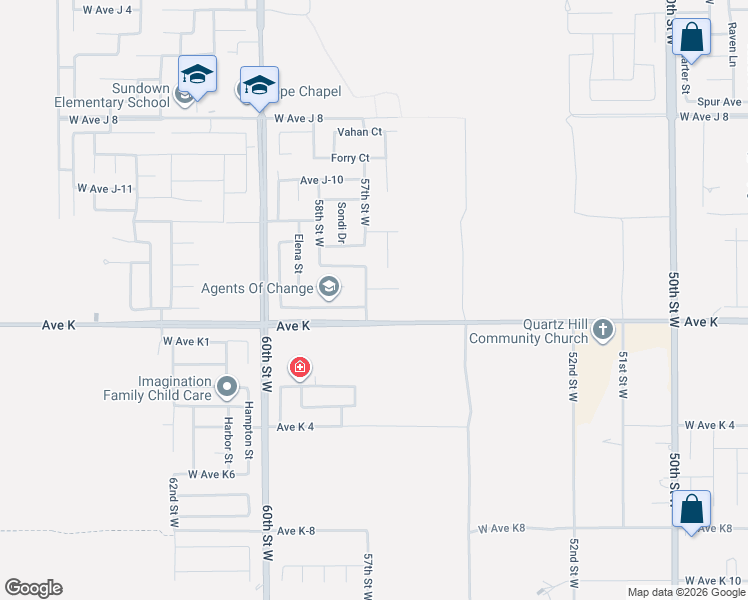 map of restaurants, bars, coffee shops, grocery stores, and more near 43624 57th Street West in Lancaster