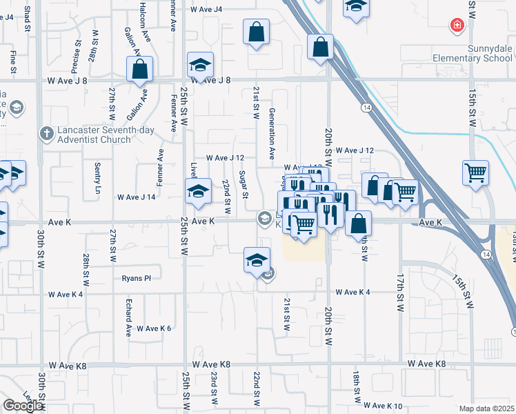 map of restaurants, bars, coffee shops, grocery stores, and more near 43621 21st Street West in Lancaster