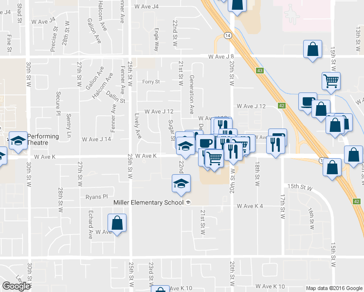map of restaurants, bars, coffee shops, grocery stores, and more near 43621 21st Street West in Lancaster