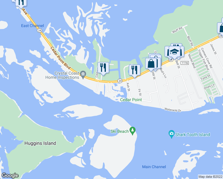 map of restaurants, bars, coffee shops, grocery stores, and more near 108 Intracoastal Court in Cedar Point