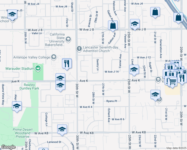 map of restaurants, bars, coffee shops, grocery stores, and more near 43705 Secure Place in Lancaster