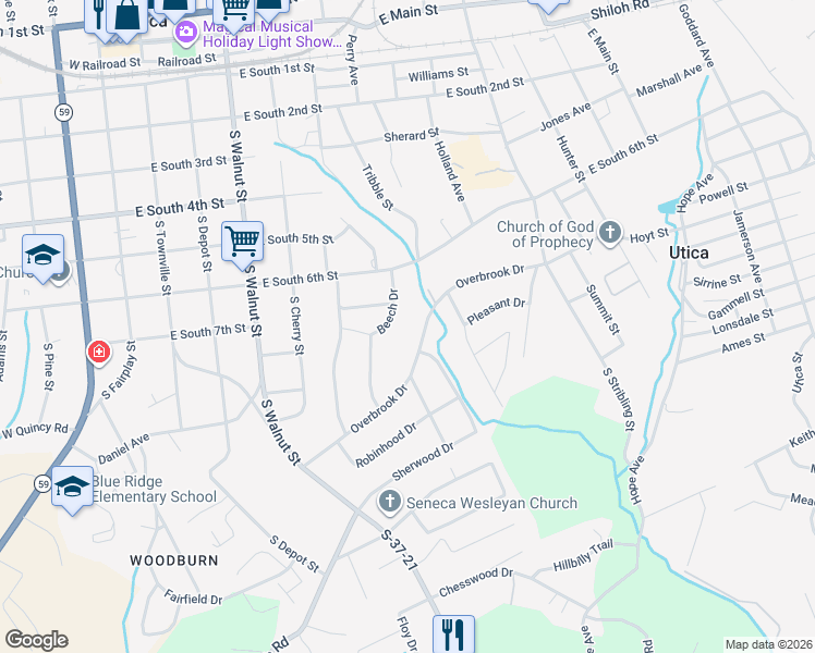 map of restaurants, bars, coffee shops, grocery stores, and more near 707 Overbrook Drive in Seneca