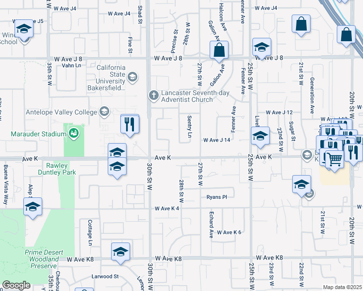 map of restaurants, bars, coffee shops, grocery stores, and more near 43705 Secure Place in Lancaster
