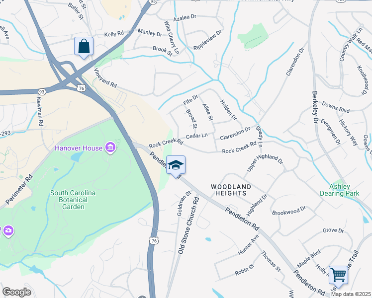 map of restaurants, bars, coffee shops, grocery stores, and more near 252 Rock Creek Road in Clemson