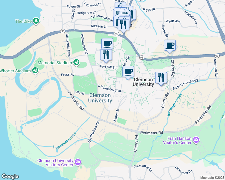 map of restaurants, bars, coffee shops, grocery stores, and more near South Palmetto Boulevard in Clemson
