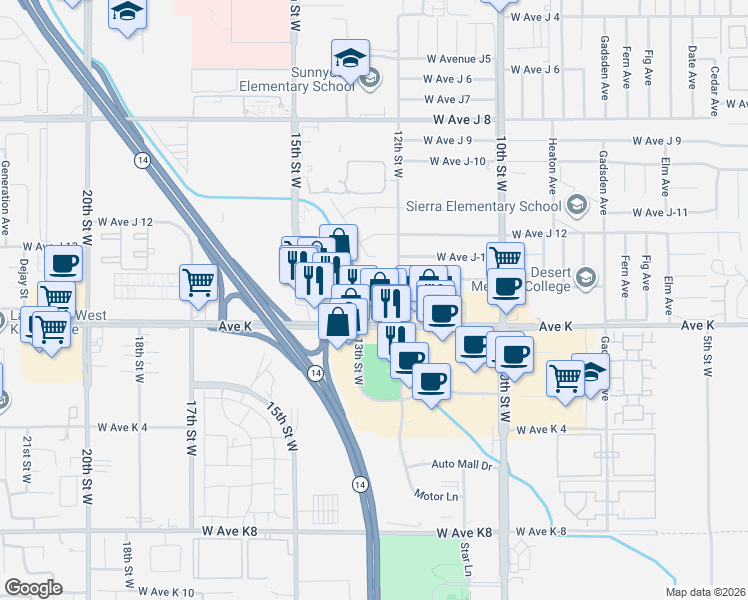 map of restaurants, bars, coffee shops, grocery stores, and more near 1222 West Avenue J15 in Lancaster