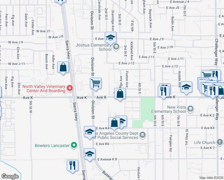 map of restaurants, bars, coffee shops, grocery stores, and more near 43609 Stanridge Avenue in Lancaster