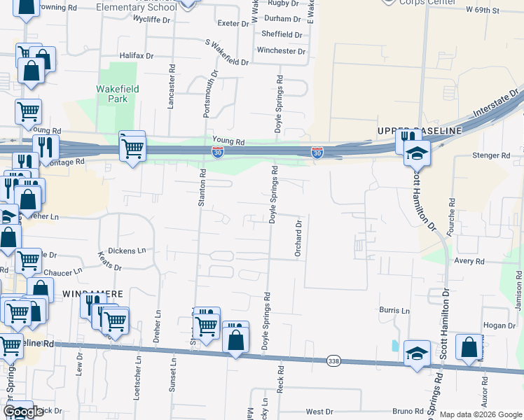 map of restaurants, bars, coffee shops, grocery stores, and more near 8120 Doyle Springs Road in Little Rock