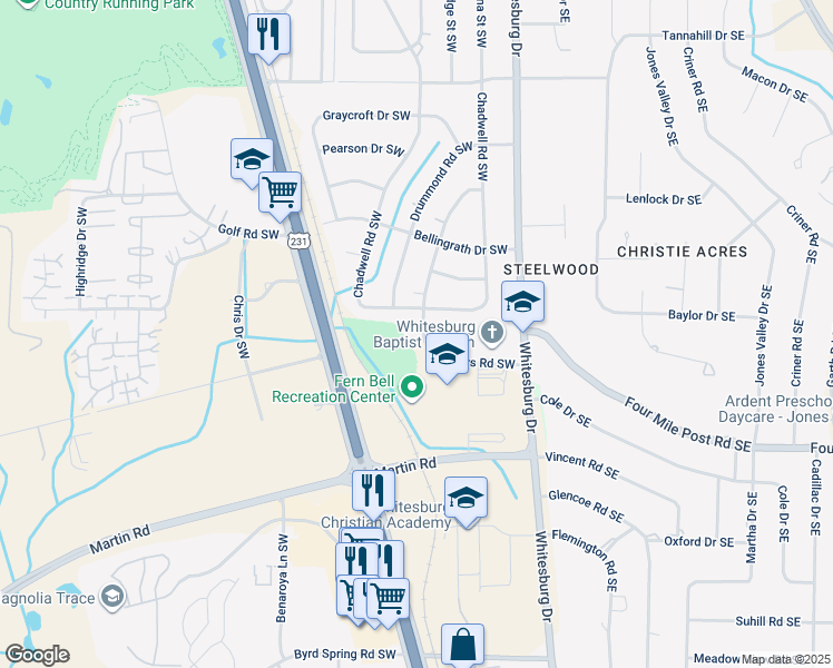 map of restaurants, bars, coffee shops, grocery stores, and more near 610 Sanders Road Southwest in Huntsville