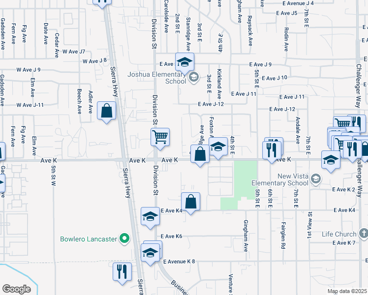 map of restaurants, bars, coffee shops, grocery stores, and more near 43608 Stanridge Avenue in Lancaster