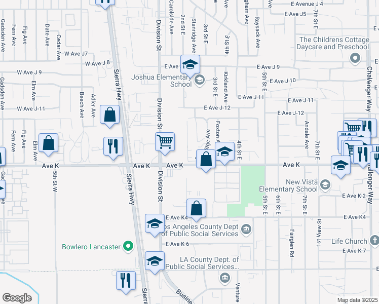 map of restaurants, bars, coffee shops, grocery stores, and more near 43608 Stanridge Avenue in Lancaster