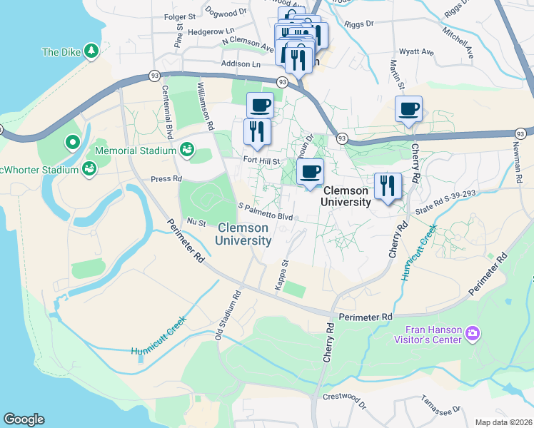 map of restaurants, bars, coffee shops, grocery stores, and more near in Clemson