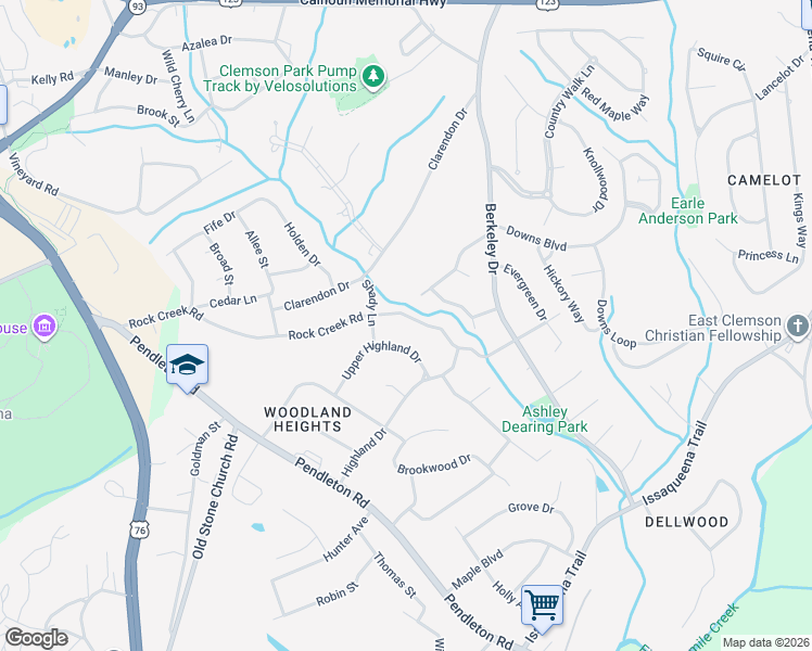 map of restaurants, bars, coffee shops, grocery stores, and more near 410 Rock Creek Road in Clemson