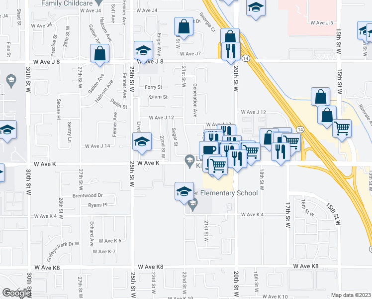 map of restaurants, bars, coffee shops, grocery stores, and more near 43629 21st Street West in Lancaster