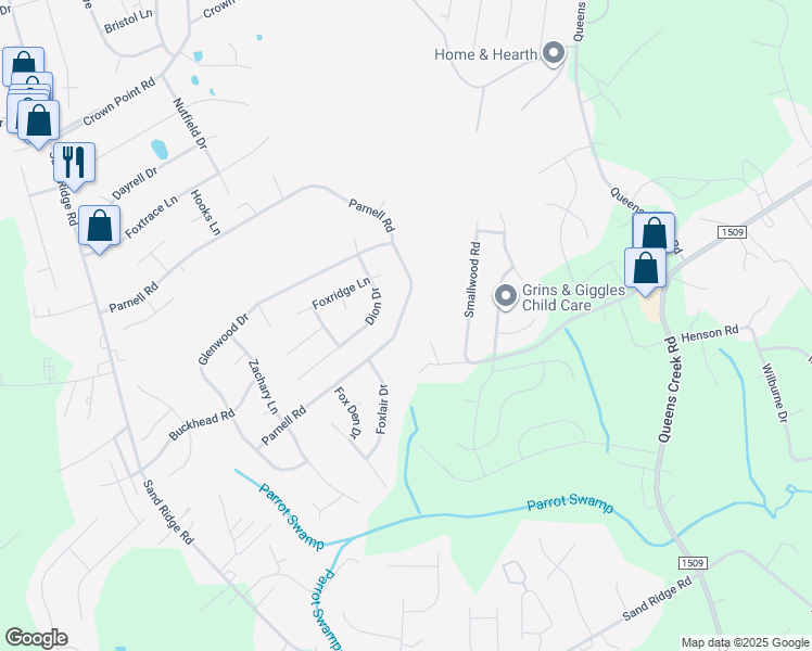 map of restaurants, bars, coffee shops, grocery stores, and more near 247 Parnell Road in Hubert