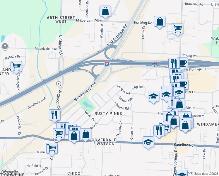 map of restaurants, bars, coffee shops, grocery stores, and more near 6812 Azalea Drive in Little Rock