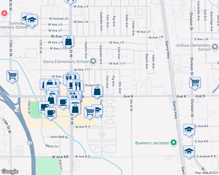 map of restaurants, bars, coffee shops, grocery stores, and more near 43628 Fern Avenue in Lancaster