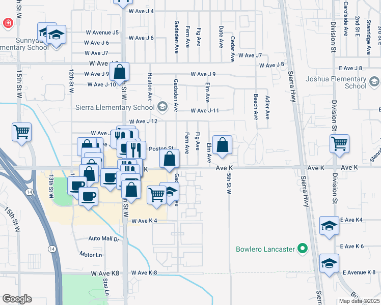 map of restaurants, bars, coffee shops, grocery stores, and more near 43628 Fern Avenue in Lancaster