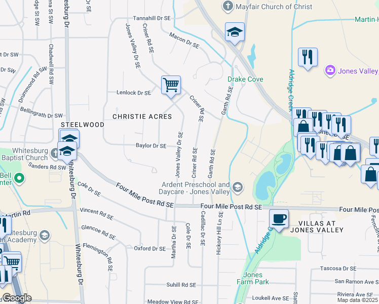 map of restaurants, bars, coffee shops, grocery stores, and more near 7102 Criner Road Southeast in Huntsville