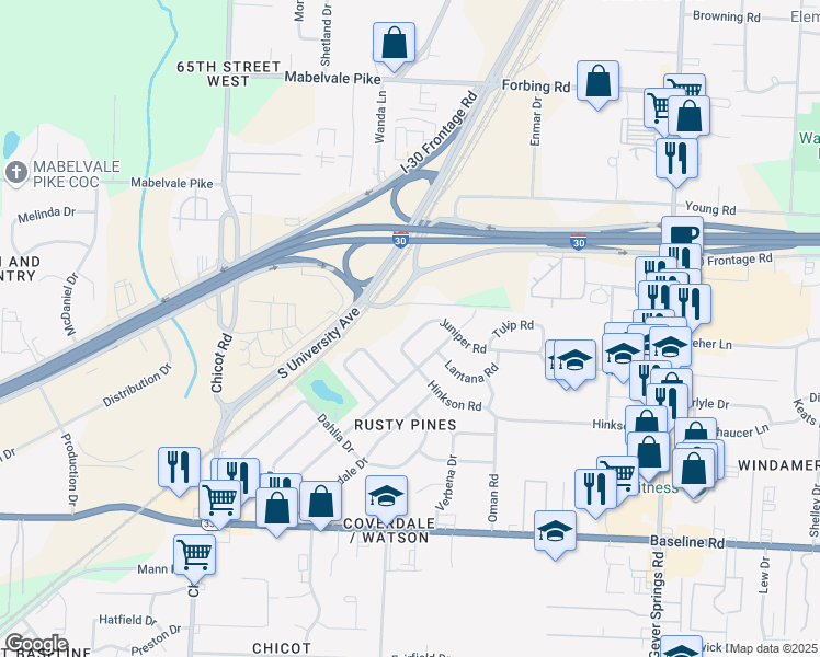 map of restaurants, bars, coffee shops, grocery stores, and more near 6812 Azalea Drive in Little Rock