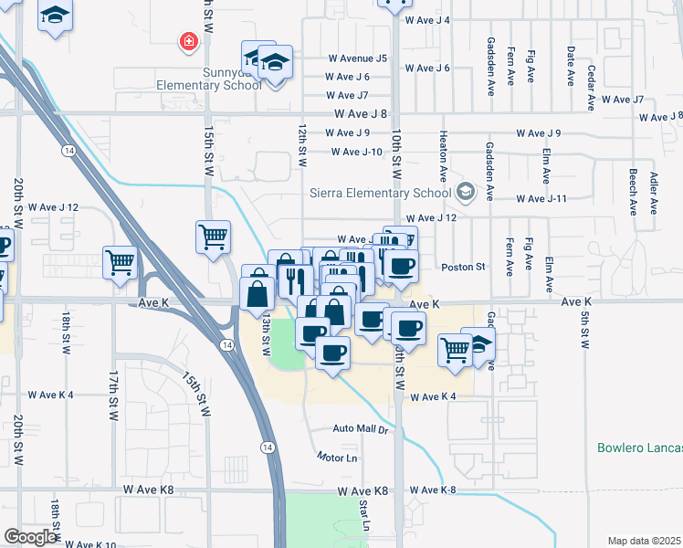 map of restaurants, bars, coffee shops, grocery stores, and more near 1108 West Avenue J15 in Lancaster