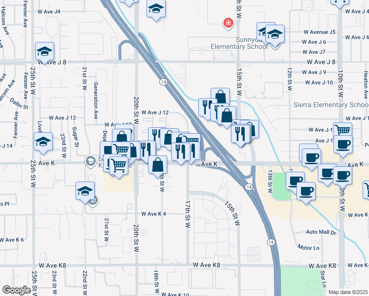 map of restaurants, bars, coffee shops, grocery stores, and more near 1700 West Avenue J15 in Lancaster