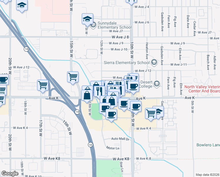 map of restaurants, bars, coffee shops, grocery stores, and more near 1127 West Avenue J15 in Lancaster