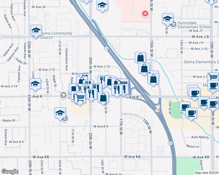 map of restaurants, bars, coffee shops, grocery stores, and more near 1746 West Avenue J15 in Lancaster