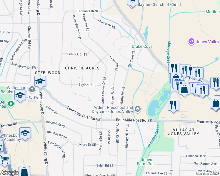 map of restaurants, bars, coffee shops, grocery stores, and more near 7102 Criner Road Southeast in Huntsville