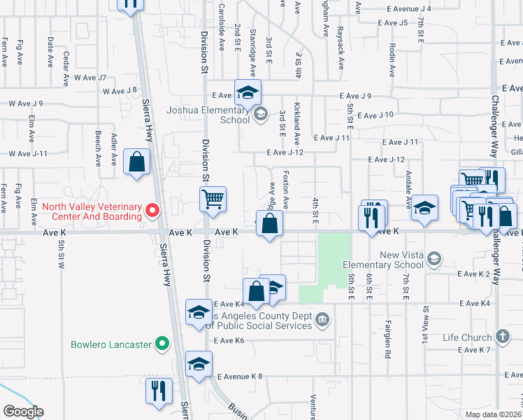 map of restaurants, bars, coffee shops, grocery stores, and more near 43627 Stanridge Avenue in Lancaster