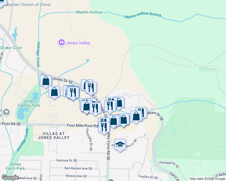 map of restaurants, bars, coffee shops, grocery stores, and more near 227 Ledges Drive in Huntsville