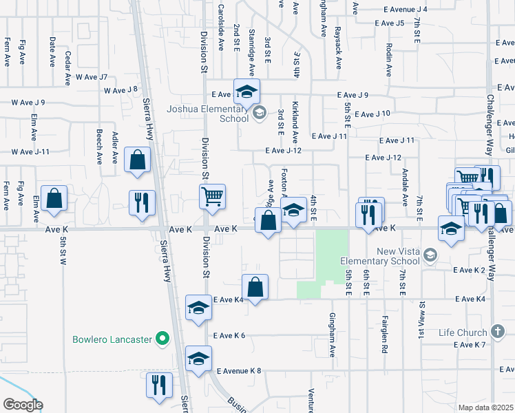 map of restaurants, bars, coffee shops, grocery stores, and more near 43621 Stanridge Avenue in Lancaster