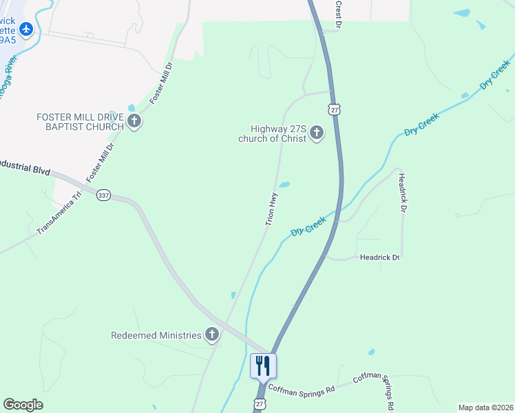 map of restaurants, bars, coffee shops, grocery stores, and more near 22 Old Trion Road in LaFayette