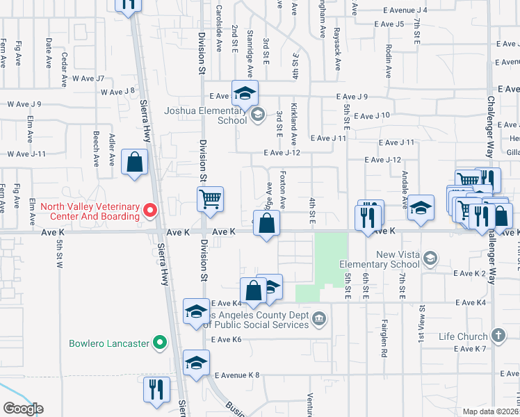 map of restaurants, bars, coffee shops, grocery stores, and more near 43627 Stanridge Avenue in Lancaster