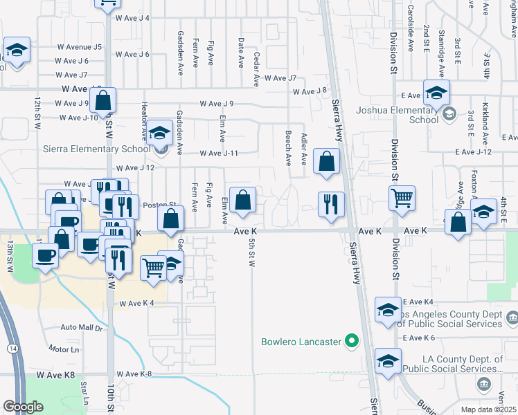map of restaurants, bars, coffee shops, grocery stores, and more near 43627 Park Avenue in Lancaster
