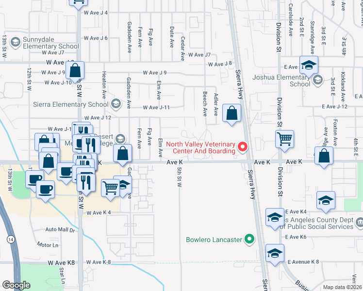 map of restaurants, bars, coffee shops, grocery stores, and more near 43651 Park Avenue in Lancaster