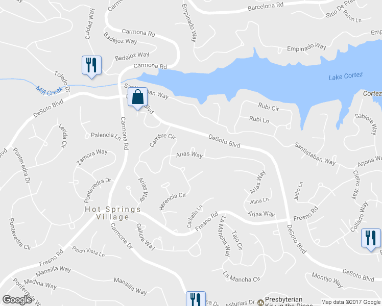 map of restaurants, bars, coffee shops, grocery stores, and more near 20 Arias Way in Hot Springs Village