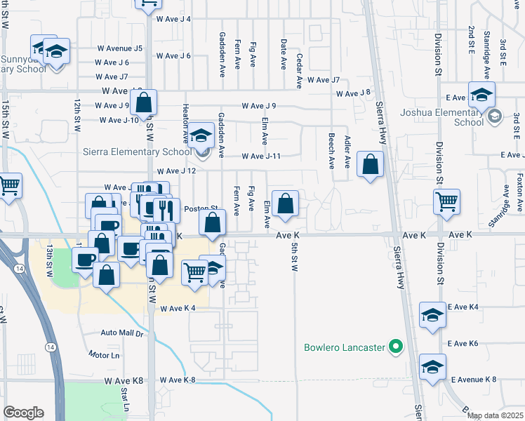 map of restaurants, bars, coffee shops, grocery stores, and more near 43639 Elm Avenue in Lancaster