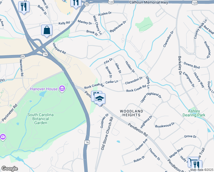 map of restaurants, bars, coffee shops, grocery stores, and more near 252 Rock Creek Road in Clemson